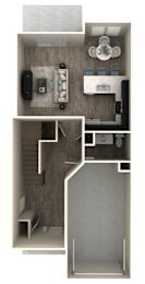 Floor Plan  A 3D floor plan of a small apartment with a kitchen, living room, and bathroom.