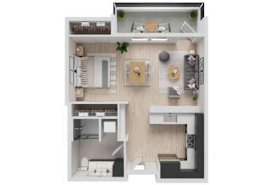 A top-down view of a small apartment with a kitchen, living room, and bedroom.