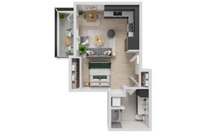 A top-down view of a small apartment layout with a kitchen, living room, and bathroom.