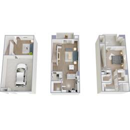 Three different floor plans of an apartment are shown.