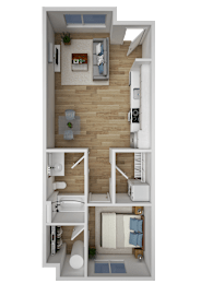 A top-down view of a one bedroom apartment with a kitchen, living room, and bathroom.