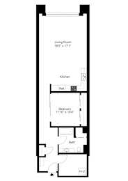A floor plan of a small apartment with a living room, kitchen, bedroom, bathroom, and a hallway.