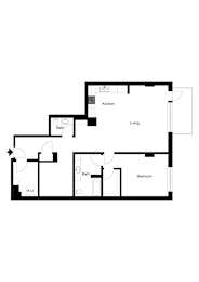 A floor plan of a house with a kitchen, living room, and bedroom.