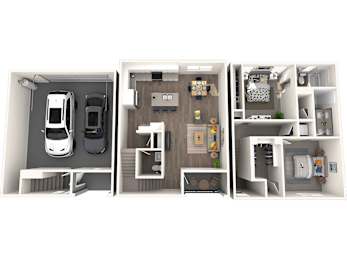 A 3D floor plan of a small apartment with a kitchen, living room, and bathroom.