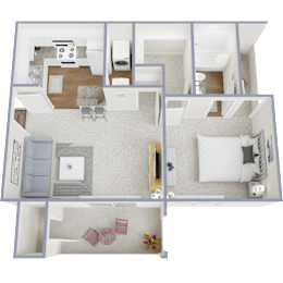 A 3D floor plan of a house showing a living room, kitchen, and two bedrooms.