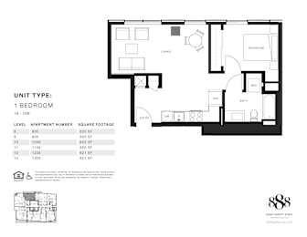 A black and white image of a floor plan for a 1 bedroom apartment.