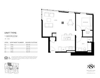 A black and white image of a floor plan for a 1 bedroom apartment.