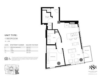 A black and white image of a floor plan for a 1 bedroom apartment.