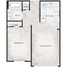 A floor plan of a small apartment with a bedroom, living room, kitchen, and bathroom.