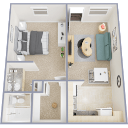 A 3D floor plan of a small apartment with a bedroom, living room, kitchen, and bathroom.