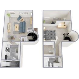 A floor plan of a two-story apartment with a living room, kitchen, and bedrooms.