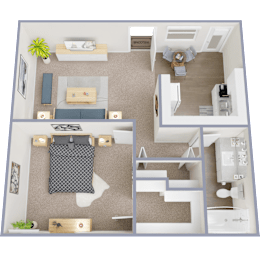 A floor plan of a small apartment with a kitchen, living room, and bathroom.