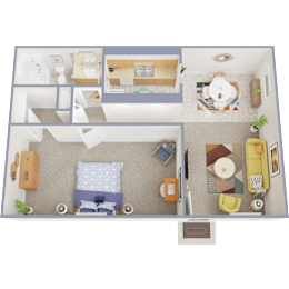 A top-down view of a room with a bed, a couch, a chair, a dining table, and a kitchen area.