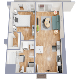 A floor plan of a one bedroom apartment with a bedroom, living room, and bathroom.