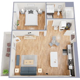 A floor plan of a one bedroom apartment with a bedroom, living room, and bathroom.