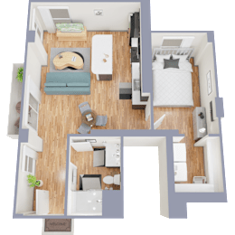 A floor plan of a one bedroom apartment with a bedroom, living room, and bathroom.