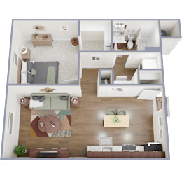 A 3D floor plan of a house showing a living room, kitchen, and two bedrooms.
