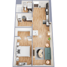 A floor plan of a one bedroom apartment with a bedroom, living room, and bathroom.