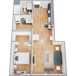 A floor plan of a one bedroom apartment with a bedroom, living room, and bathroom.
