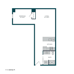 A floor plan of a small apartment with a bedroom, living room, kitchen, and bathroom.