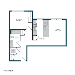 A floor plan of a one-bedroom apartment with a living room, kitchen, bathroom, and bedroom.