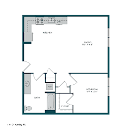 A floor plan of a small apartment with a kitchen, bathroom, and bedroom.