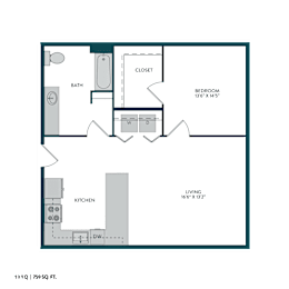 A floor plan of a one-bedroom apartment with a living area, kitchen, and bathroom.