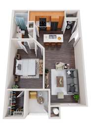 A top-down view of a well-organized living space with a kitchen, dining area, and bedrooms.