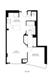 A floor plan of a one bedroom apartment with a living room, kitchen and bathroom.