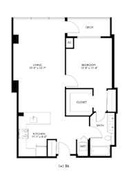 A black and white image of a floor plan for a living space.