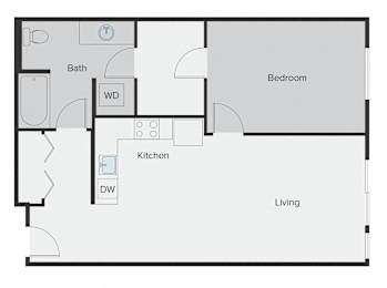A floor plan of a living space showing a kitchen, bathroom, and bedroom.