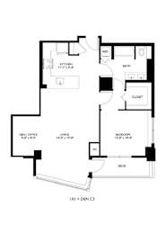 A black and white image of a floor plan for a one bedroom apartment.