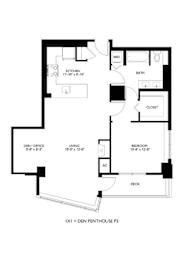 A black and white floor plan of a home with a kitchen, living room, den/office, bedroom, bathroom, and closet.