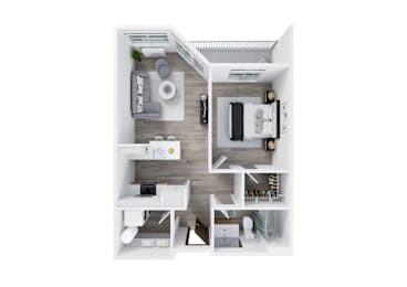 A top-down view of a small apartment with a kitchen, living room, and bathroom.