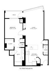 A black and white floor plan of a penthouse apartment.