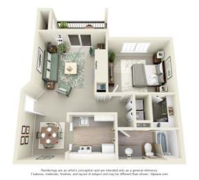A 3D floor plan of a house with a living room, kitchen, dining room, and bathrooms.