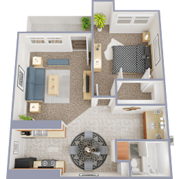 A 3D floor plan of a house with a living room, kitchen, and dining area.