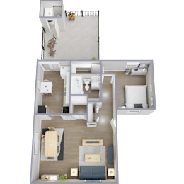 A top-down view of a two-bedroom apartment with a living room, kitchen, and bathroom.