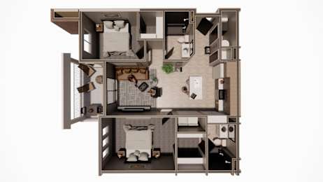 A 3D floor plan of a small apartment with a kitchen, living room, and bathroom.