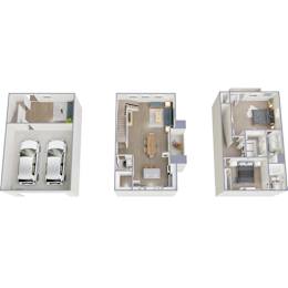 Three images of a house layout with two cars.