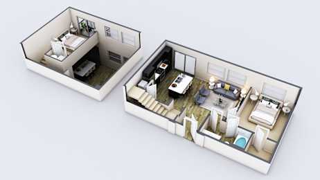A 3D floor plan of a two bedroom apartment.