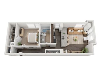 a stylized floor plan with a bedroom and a living room