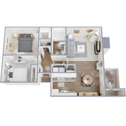 A detailed 3D floor plan of a house layout.