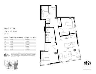 A floor plan of a 2 bedroom apartment with a detailed description of each room and its dimensions.
