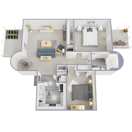A 3D floor plan of a house with a kitchen, living room, and bedrooms.