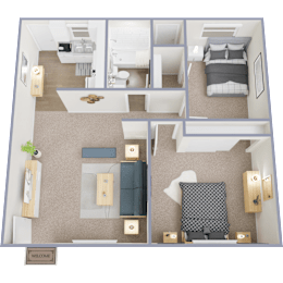 A floor plan of a small apartment with a bedroom, living room, and kitchen.
