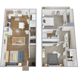 A floor plan of a two-bedroom apartment with a living room, kitchen, and bathroom.