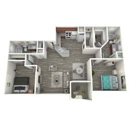 A 3D floor plan of a house with a kitchen, living room, and bathroom.