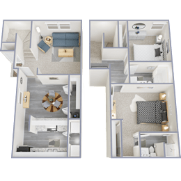 Two floor plans of a house with a living room, kitchen, and bedrooms.