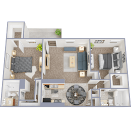 A 3D floor plan of a house with a living room, kitchen, and two bedrooms.